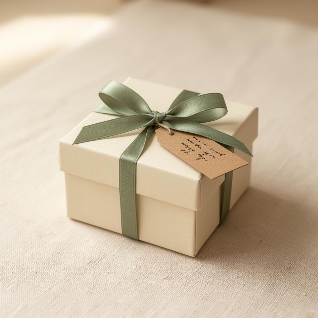 A small cream gift box tied with a sage green ribbon and a handwritten kraft tag