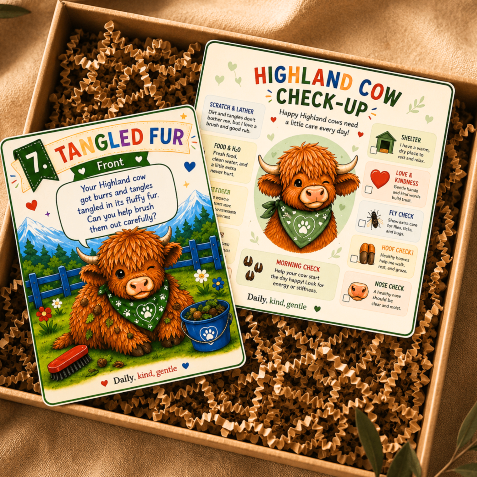 Tangled Fur situation card and Highland Cow Check-Up card presented inside the activity box