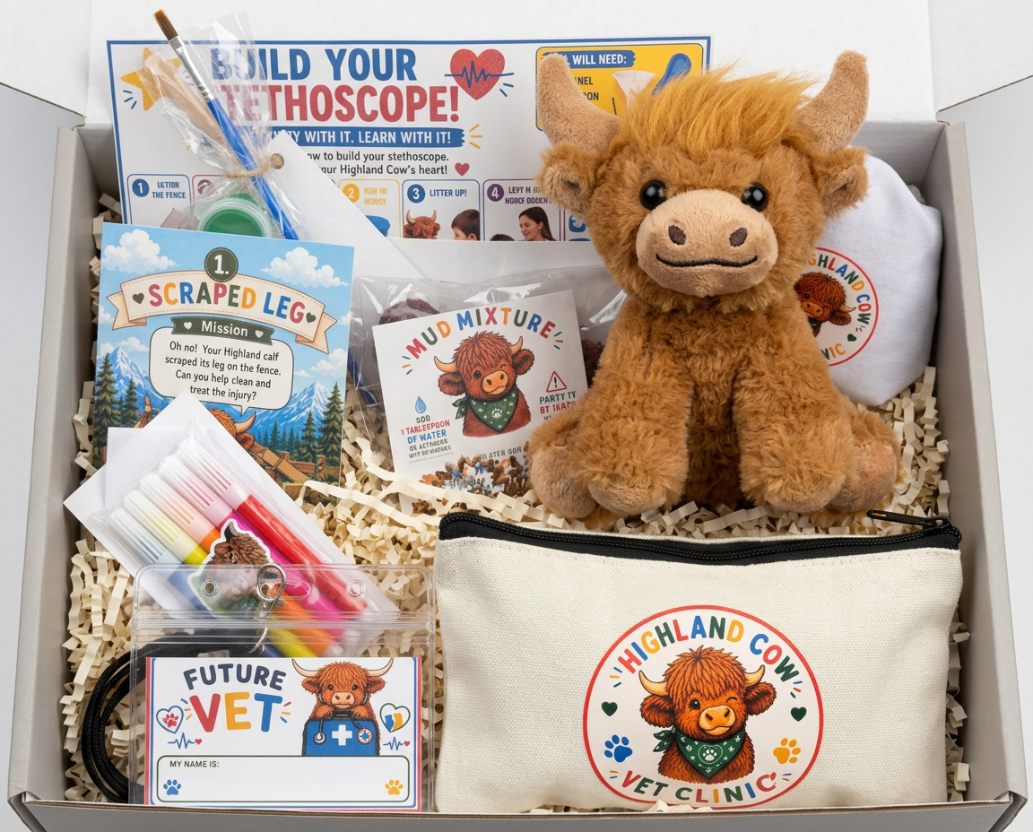 Mini Highland Cow Vet Box and everything included inside