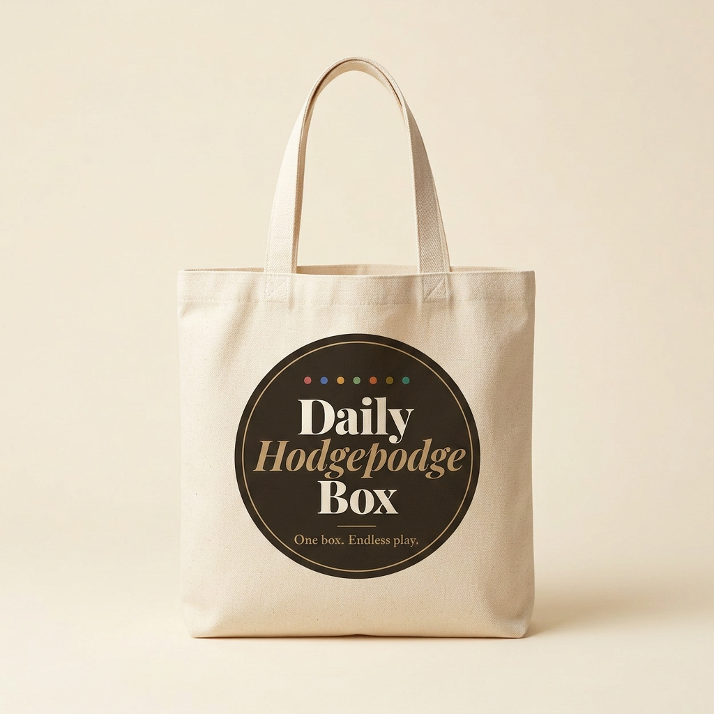 Natural canvas tote bag with the Daily.Hodgepodge logo printed on the front